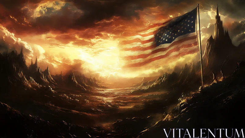 Apocalyptic landscape with American flag in painterly digital chiaroscuro.