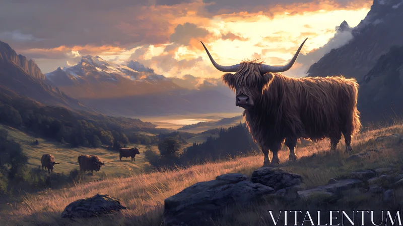 Highland cattle on sloping valley pasture at sunset.