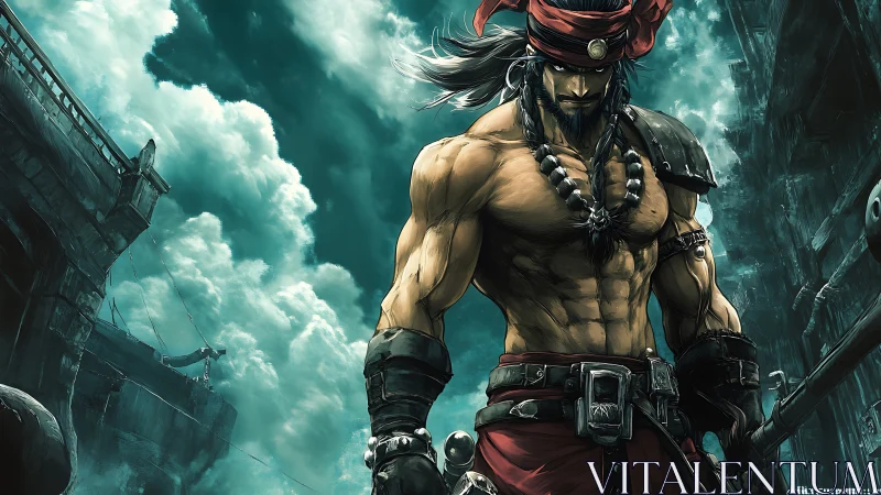 Muscular anime pirate warrior dominates stormy industrial seascape