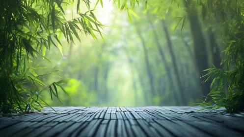 Tranquil Bamboo Forest with Wooden Pathway.