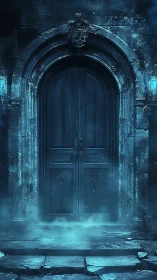 Ancient arched door shrouded in eerie blue mist at night.