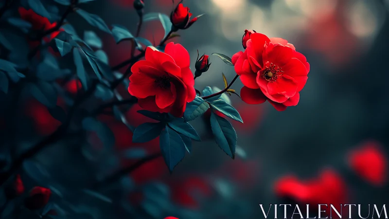 Luminous Red Roses with Teal Foliage in Muted Garden