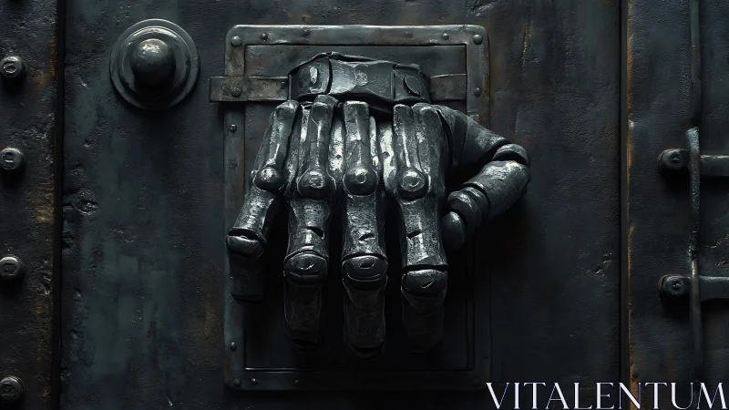 Metallic gauntlet door handle on dark industrial surface.