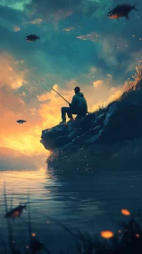 Twilight angler dreaming beneath a sky of drifting fish.