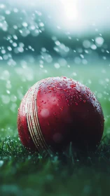 Red cricket ball on wet grass in falling rain outdoors.