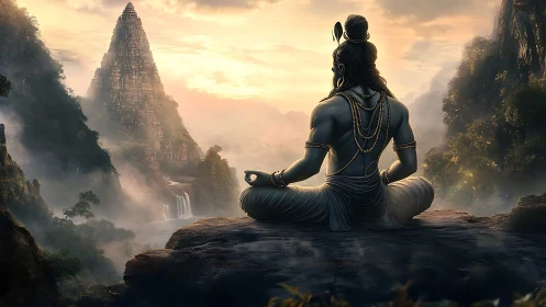 Meditative ascetic overlooking misted temple valley at sunrise.