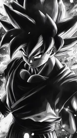 Spiky haired anime warrior rendered in high contrast monochrome
