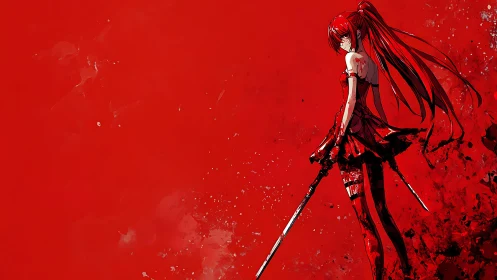 Scarlet sword dancer poised in a sea of crimson resolve.