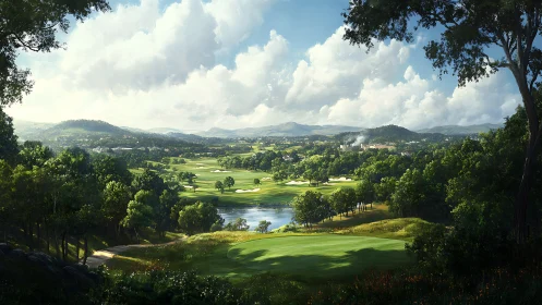 Expansive golf course landscape stretches across rolling valley