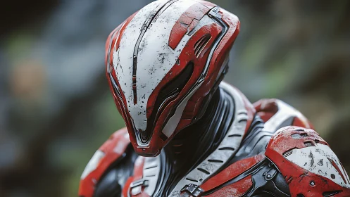 Battleworn red sci fi combat helmet with sleek visor.