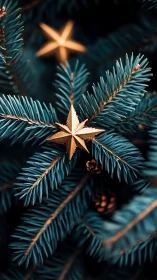 Golden star ornament rests on sharp blue spruce needles
