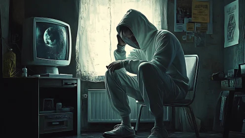 Hooded figure sits in dim room watching planet on TV