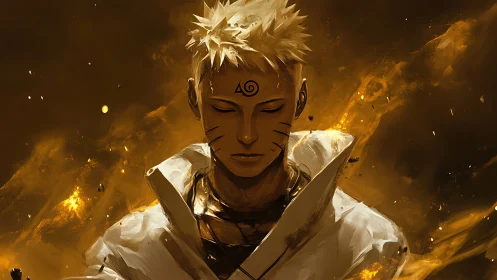 Digital portrait shows stylized figure amid golden particles