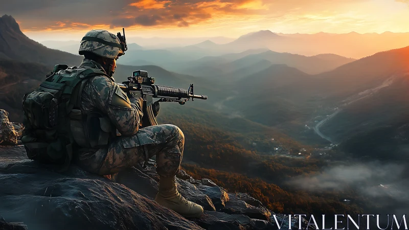 Armored infantry marksman overlooking misty mountain valley at dawn