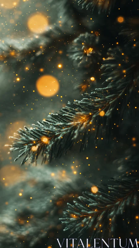 Golden bokeh lights drift softly around frosted pine branches