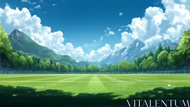 Sunlit mountain soccer field waiting for the next game.