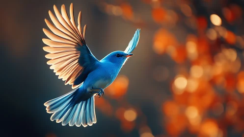 Vivid bluebird in flight with glowing wings, autumn bokeh background.