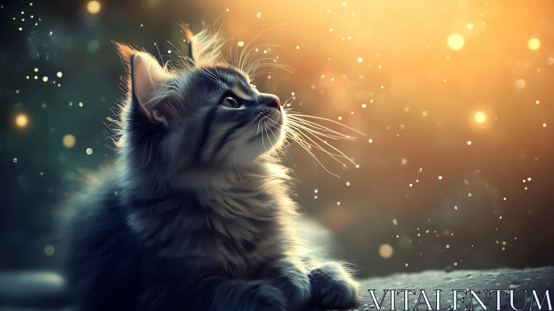 Ethereal Feline Gazing Upward Through Golden Luminescent Bokeh.