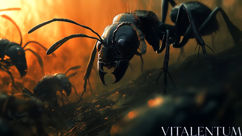 Molten dusk war-march of towering alien ants on patrol.