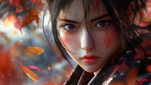 Autumn warrior’s gaze burning beneath falling crimson leaves.