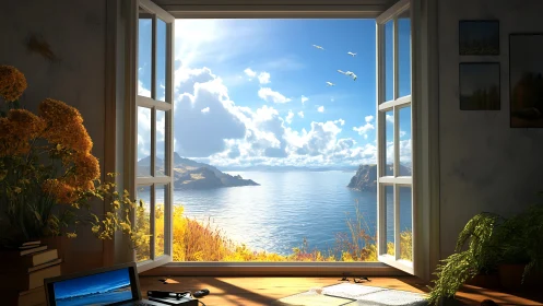 Open window interior with coastal sea and distant cliffs.