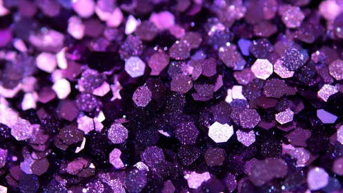 Macro close-up of faceted violet hexagonal glitter bokeh field