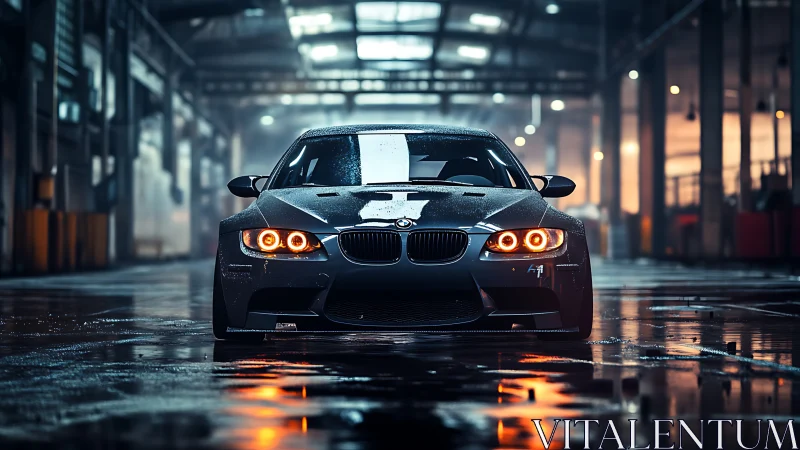 Photorealistic BMW coupe in cinematic wet industrial hangar.