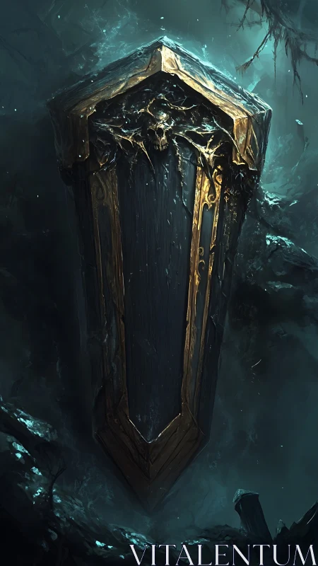 Gothic necromantic coffin with gilded trim in misty abyss