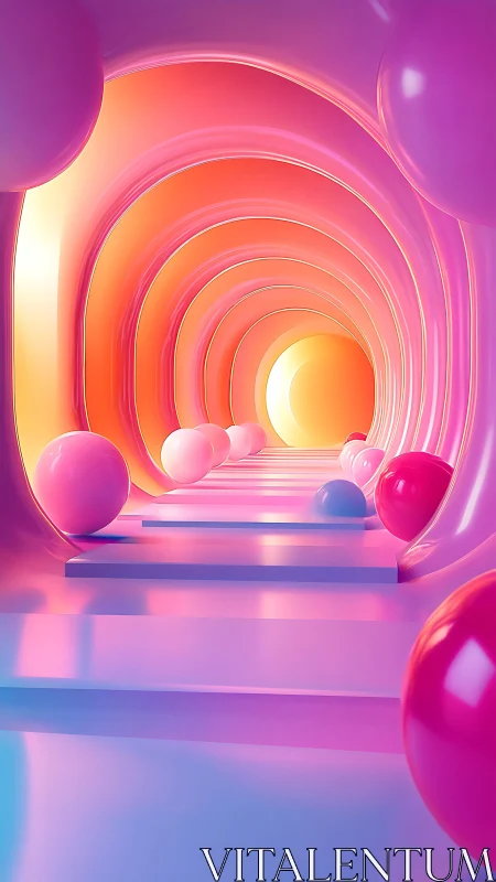 Glowing pastel tunnel of spheres leads into a radiant horizon