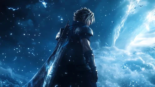Starlit swordsman pauses at the edge of a swirling skygate