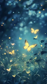 Yellow butterflies over foliage in soft blue nocturnal light.