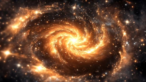 Spiral galaxy glows with dense golden dust and bright stars