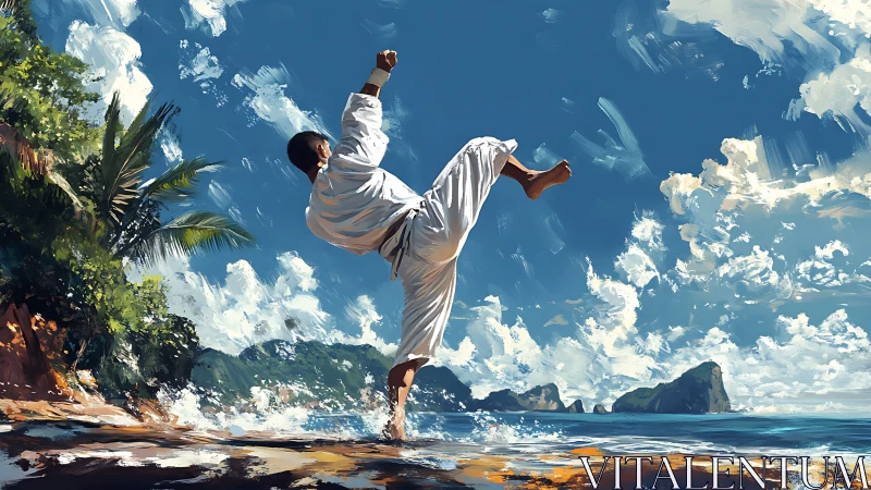 Martial artist executes high kick on tropical shoreline under dynamic clouds