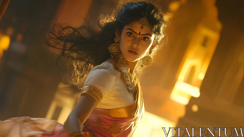 Woman in traditional attire turns in warm dramatic light