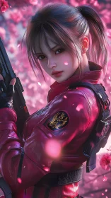 Armed anime heroine in red jacket amid falling blossoms.