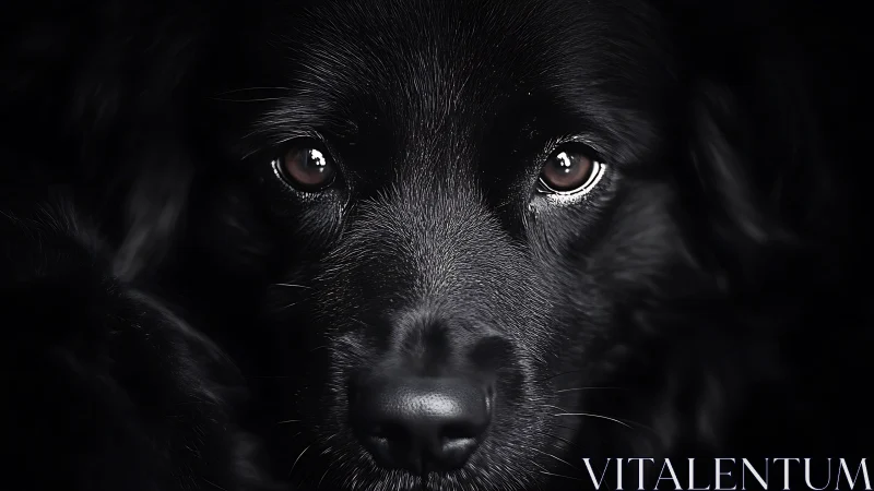 Midnight-eyed dog gazes through velvet darkness in silence.
