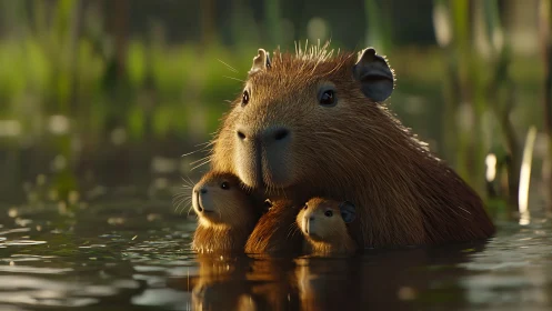 Capybara mother shields pups in warm golden wetland water