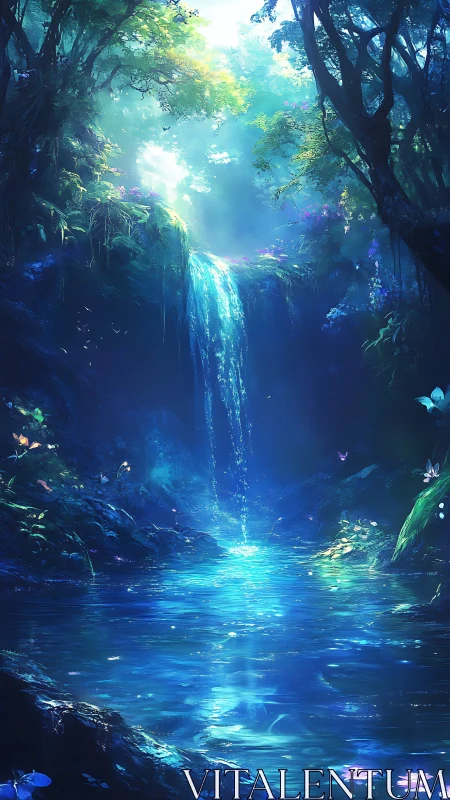 Luminous forest waterfall over enchanted sapphire pool.