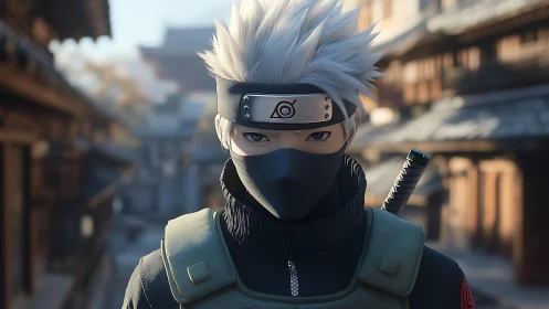 Masked silver haired ninja in village street scene.
