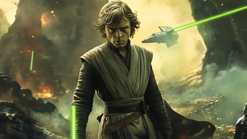 Storm-lit space warrior amid emerald laser fury stands poised.