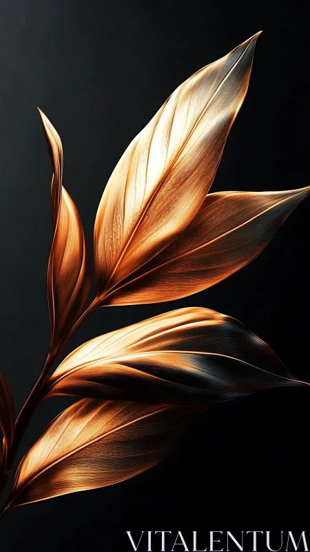 Golden metallic leaves curve elegantly against deep shadow