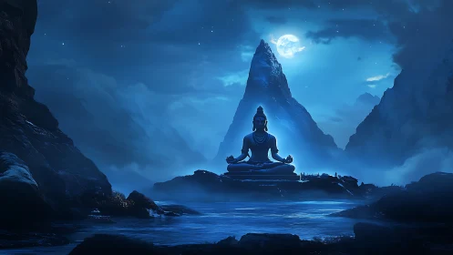 Serene meditating figure overlooks moonlit alpine lake