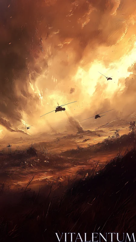 Helicopters cross burning battlefield under violent storm sky