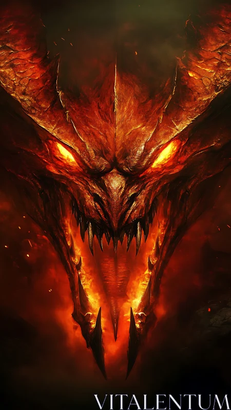 Infernal horned demon visage in symmetrical firelit closeup