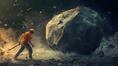 Worker swings sledgehammer against massive rolling boulder.