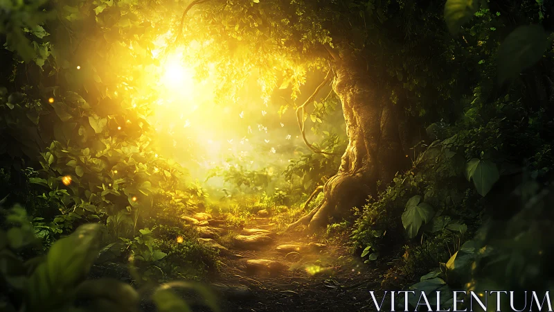 Enchanted forest path glows with golden, magical sunlight.