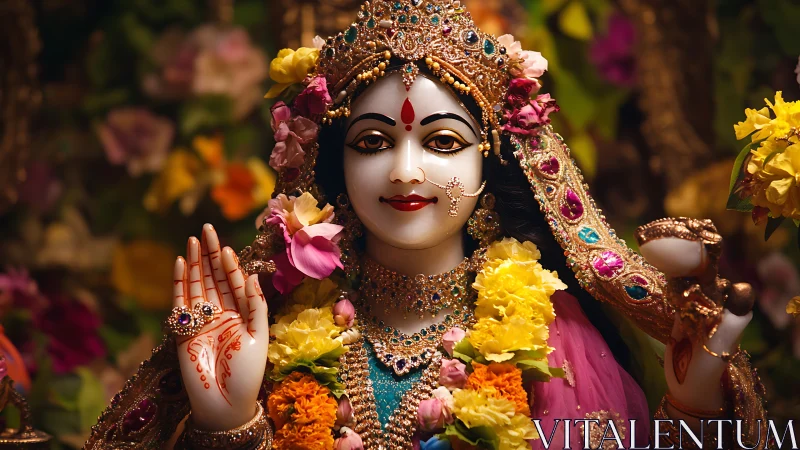 Garlanded goddess idol glowing in jeweled festive splendor.