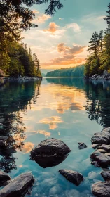 Sunset lake corridor with mirrored clouds and pines.