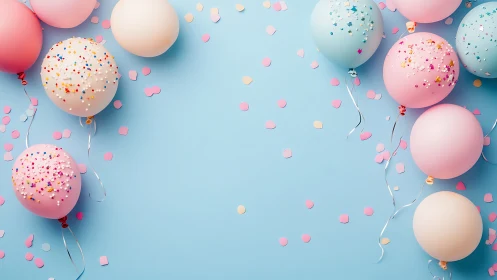 Festive Spherical Composition with Confetti Dynamics on Blue Substrate