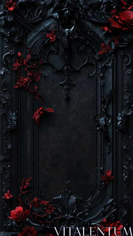 Gothic black frame entwined with vivid crimson roses.